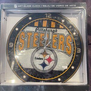 PITTSBURGH STEELERS art glass art wall clock new, 2008, requires 1 AA batter